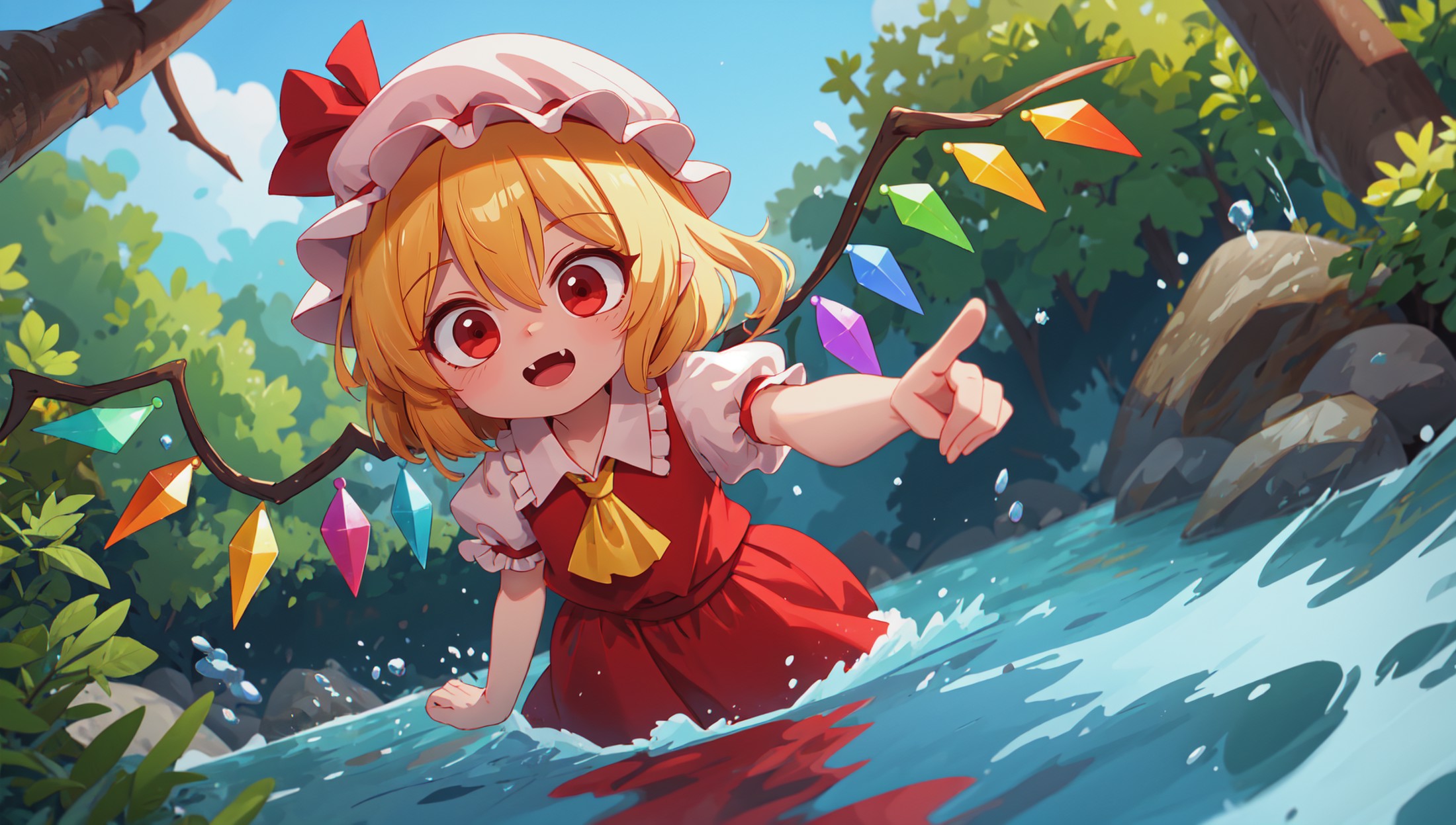 flandre scarlet, mob cap, skin fang, blonde hair, red eyes, superb, looking down, splashing in a stream, nature, outdoors